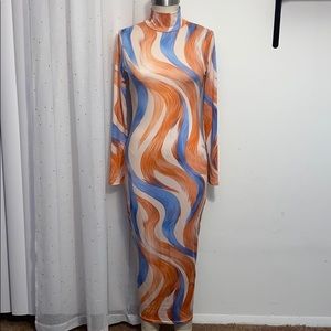 Colorful Long Sleeve Turtle Neck Midi Dress